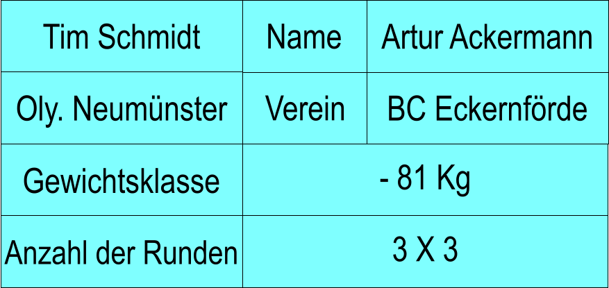 Name Verein Tim Schmidt Artur Ackermann Oly. Neumnster BC Eckernfrde Anzahl der Runden - 81 Kg  Gewichtsklasse 3 X 3